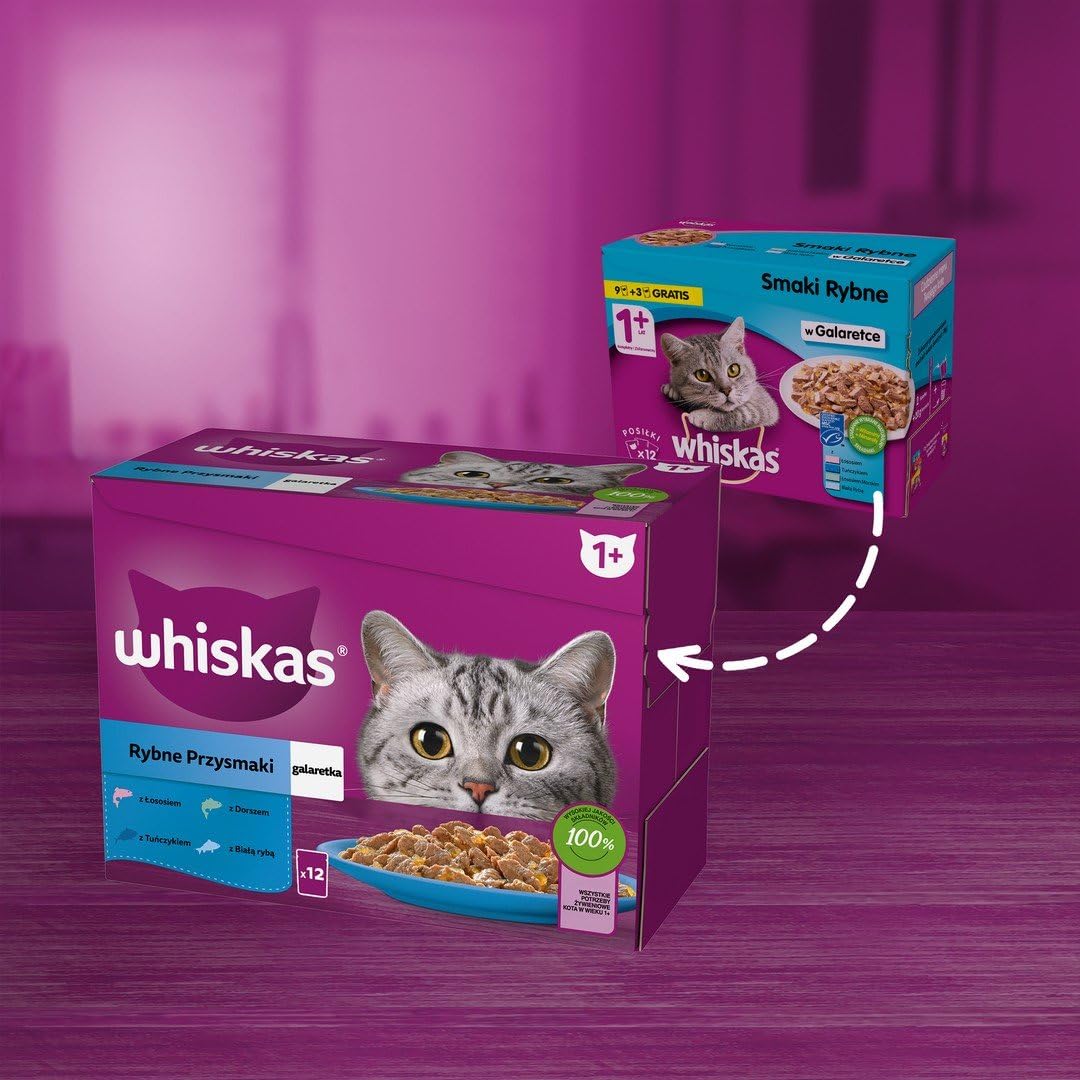 WHISKAS - Comida para Gatos (48 bolsitas frescuras, 4 Paquetes de 12 x 85 g) - Pescado Favorito (4 variedades) - Paté para Gatos Adultos en gelatina
