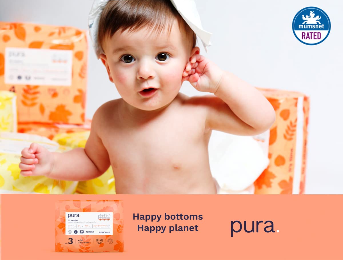 Pura Pannolini Ecologici, Taglia 3 (Midi 4-9kg), 198 Pannolini (6 Confezioni da 33), Scatola Mensile, Certificati EU Ecolabel, Cotone Biologico, Senza Profumo, Protezione Dalle Perdite per 12 Ore