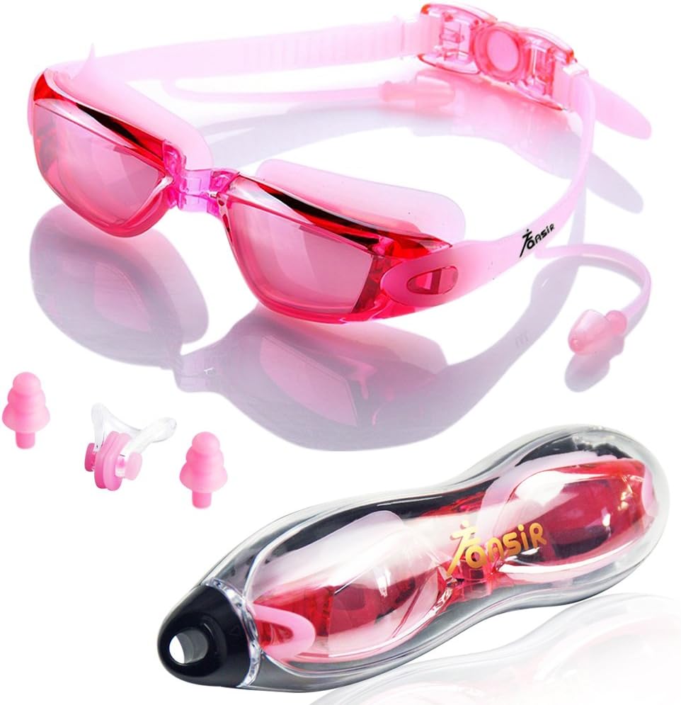 FANSIR Swimming Goggles, Swim Goggles for Adult Men Women Youth Kids Children, No Leaking, Anti Fog, UV Protection Swim Glasses attached Ear Plugs with Free Storage Case, Nose Clip and Earplugs