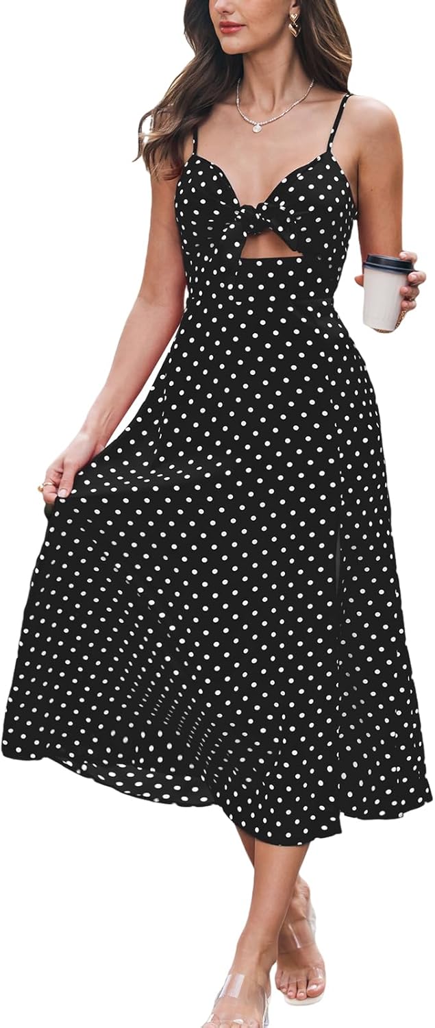 CUPSHE Women's Summer Dresses Polka Dot Bow Tie Cutout A Line Spaghetti Strap Sleeveless Cocktail Maxi Dress