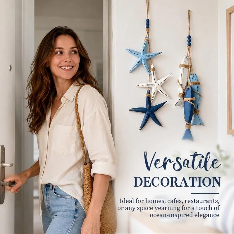 Decoración de peces y estrellas de madera con luz LED para pared marina 5