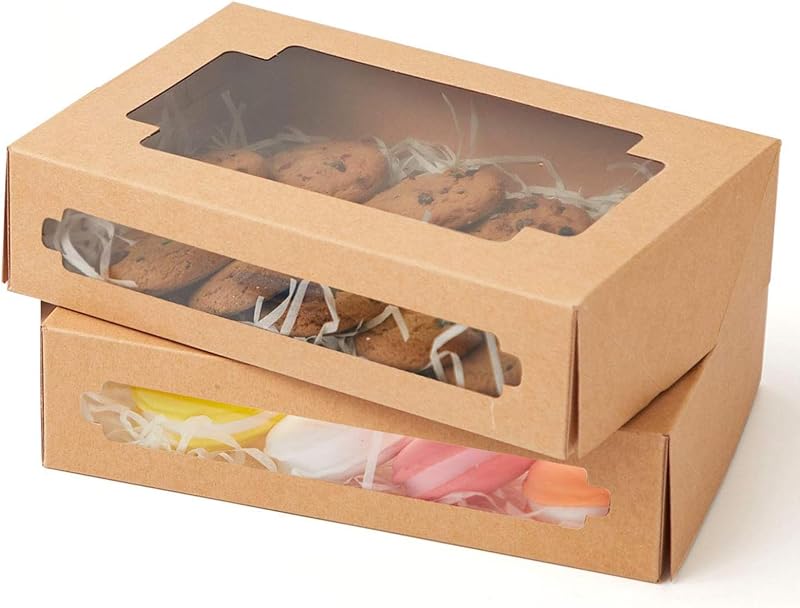 qiqee 36Packs Auto-pop up Kraft Cookie Boxes for Gift Giving 8x5.3x2 inch Brown Treat Box with Window One Second Folding Bakery Box for Donuts Candies and Biscuit