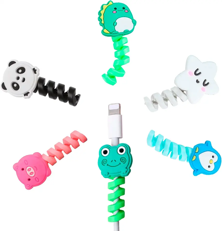 Kit 6 Protetor de Cabo Carregador Animais Estrela Mola Compatível Celular USB Fone Anti Quebra Espiral