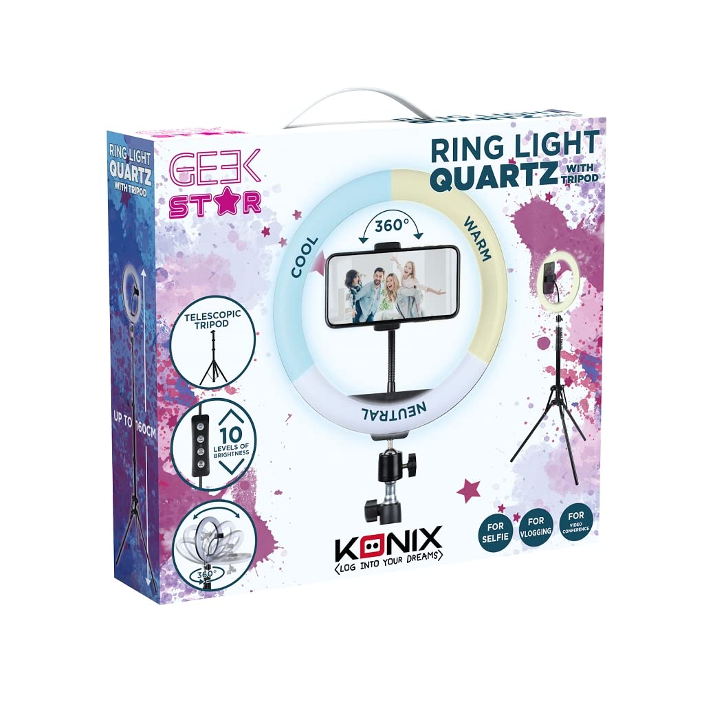 Konix Geek Star Anello luminoso con treppiede LED Ring Light Stand Quartz 26 cm per smartphone - Treppiede telescopico - Telecomando incluso