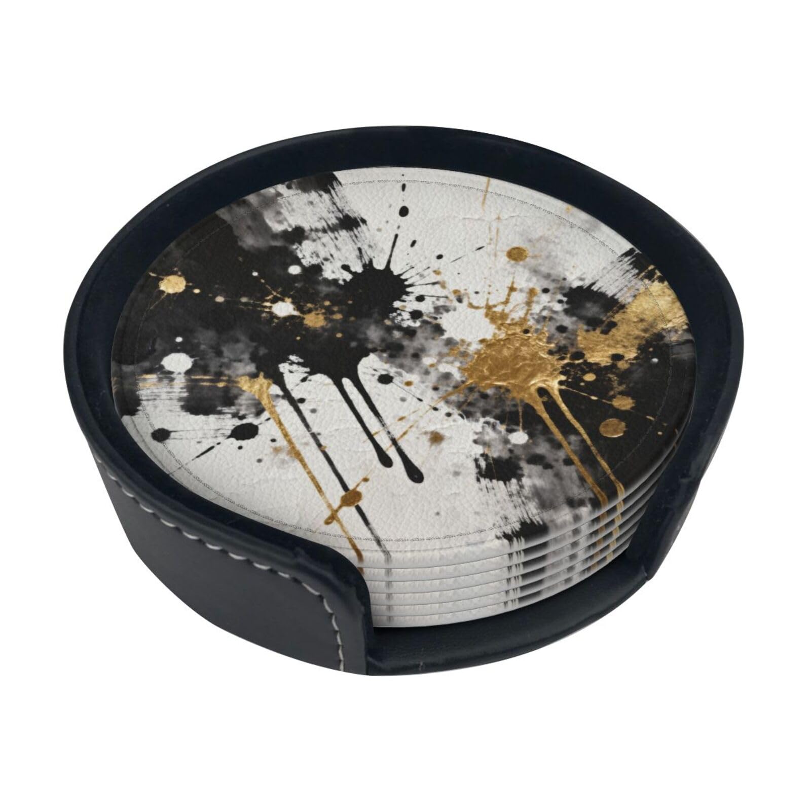 Cntdbu White Splashed Ink Art Leather Coasters Set Of 6-Pu Leather Drink Mats For Table, Heat Resistant Round Coasters With Holder