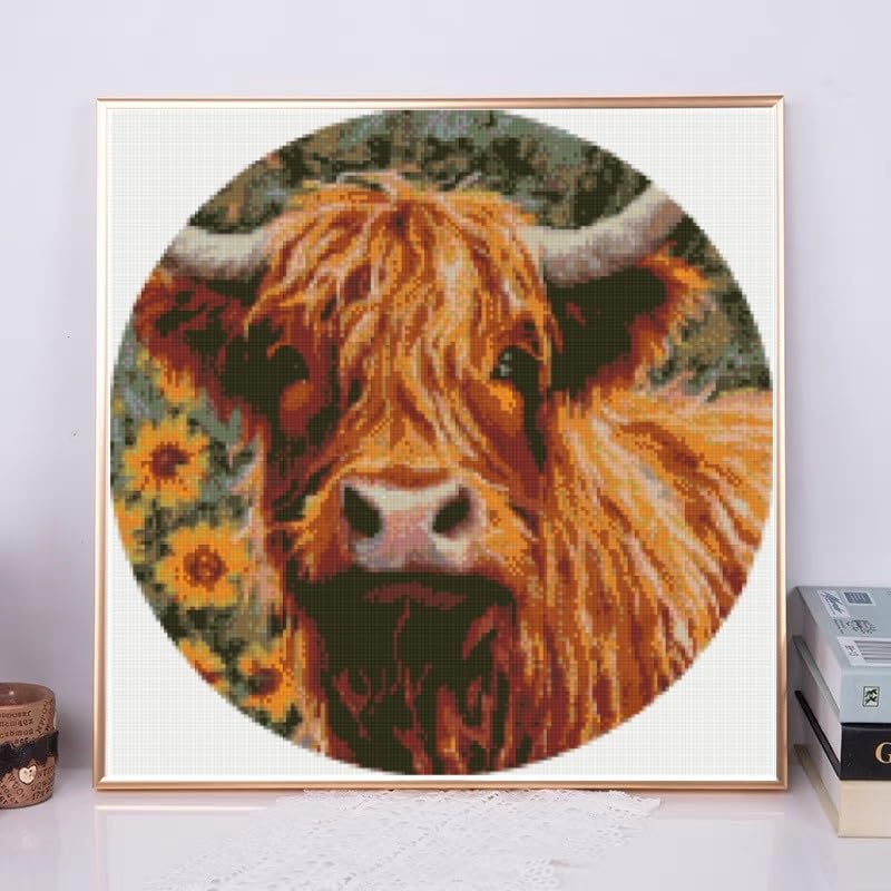 Image of DIY Stamped Cross Stitch Kits Brown Highland Cow and Sunflower for Beginners Easy 11CT Needlepoint Embroidery Counted Cross Stitch Kits Art Craft Wall Decoration and Gift 35x35cm