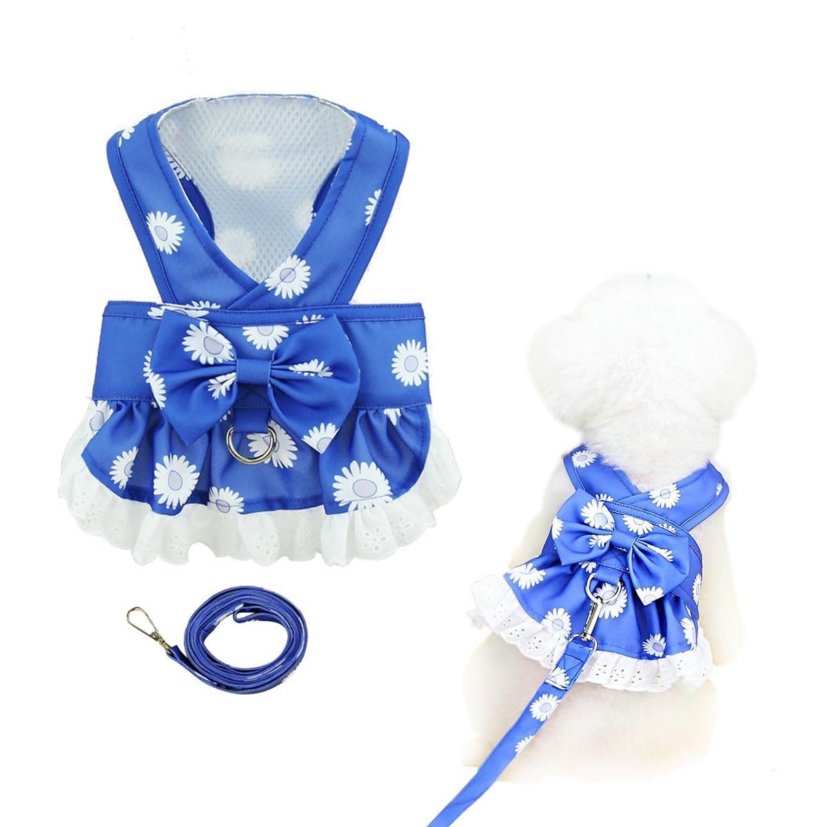 Kaiyatxly Pet Clothes Dog Clothes One Piece with Leash Princess Lace Dress Skirt Cute Floral Print Dog Clothes T-Shirt for Spring and Summer Soft Cotton Pet Wear Dog Clothes for Dogs and Cats (S, Blue