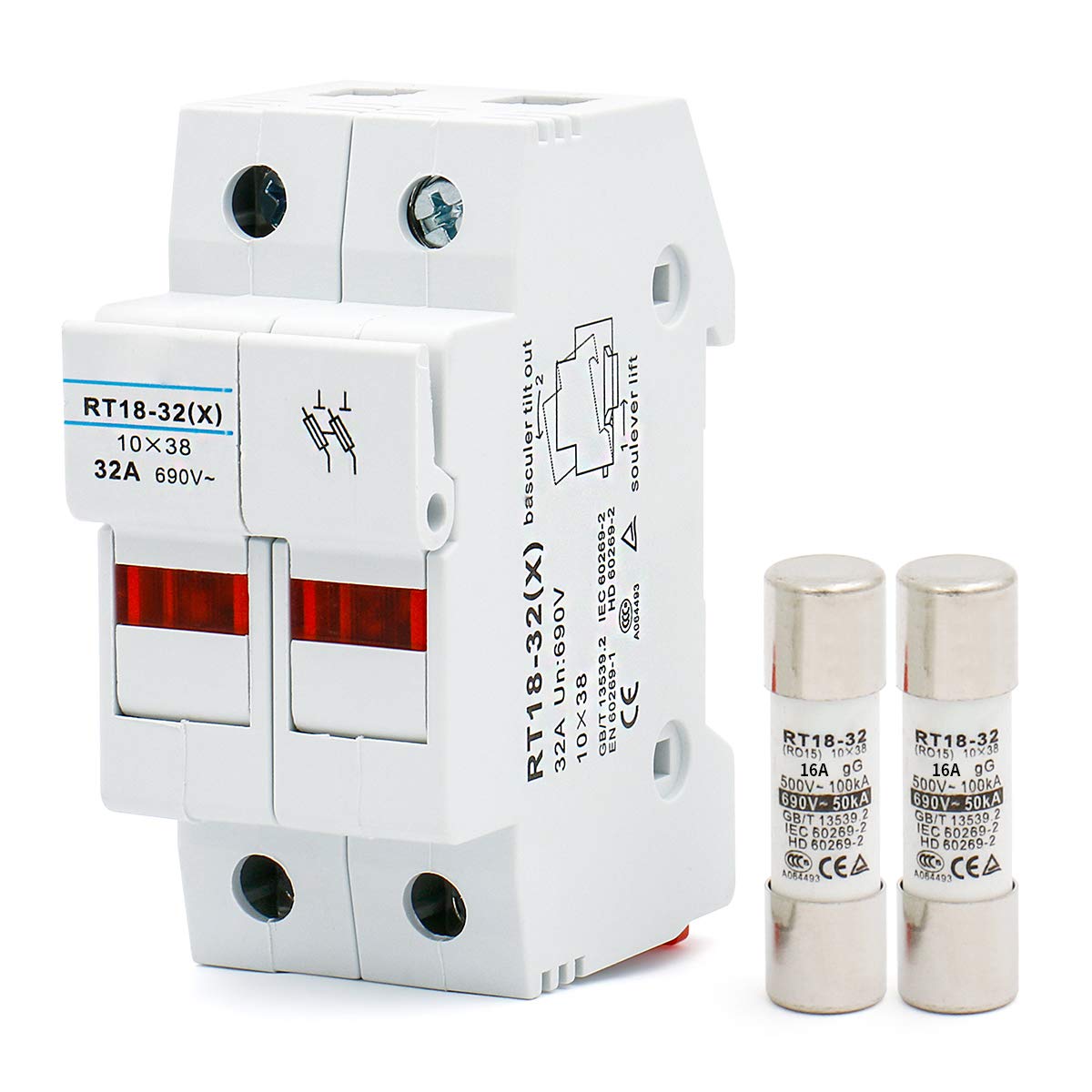 Baomain Cylindrical Fuse Holder RT18-32(X) 10mm X 38mm Fuse Base 2 Poles DIN Rail Mount with 10 PCS of RO15 Fuse (16 Amp) CE Listed