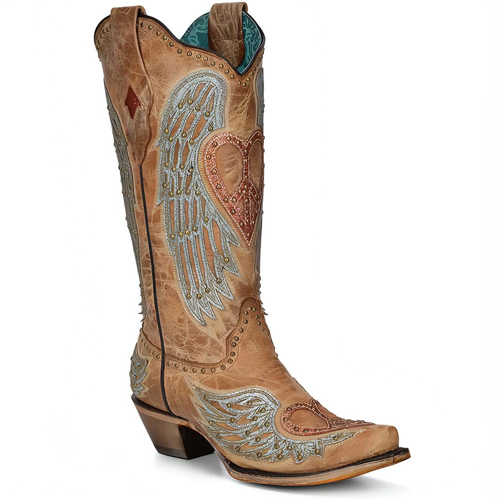 CORRAL LADIES SAND HEART WINGS OVERLAY EMBROIDERY STUDS SNIP TOE LEATHER SOLE WESTERN A4235