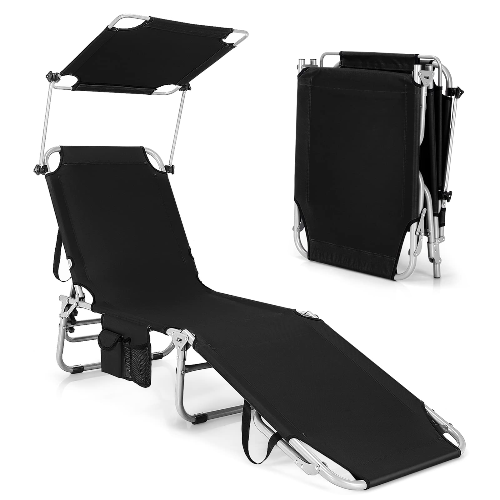COSTWAY Tumbona Plegable con Parasol, 5 Posiciones de Respaldo Ajustables, Tumbonas Jardin Exterior con Bolsillo de Almacenamiento Lateral, Tumbona Reclinable Piscina, Playa, Patio, 150kg (Negro)
