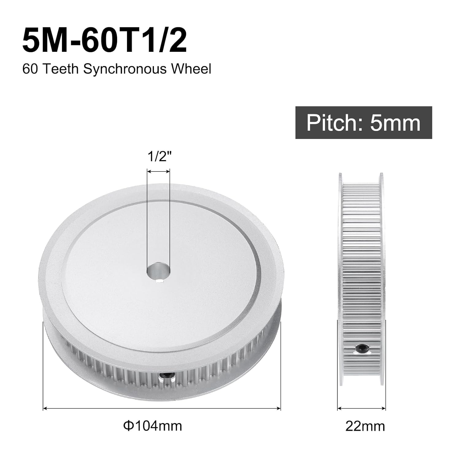uxcell 5M-60T-1/2B Timing Belt Pulley 1/2" Bore, 60 Teeth Aluminum Alloy Synchronous Wheel with Keyway, Pitch 5mm Tooth for 15mm Width Belt