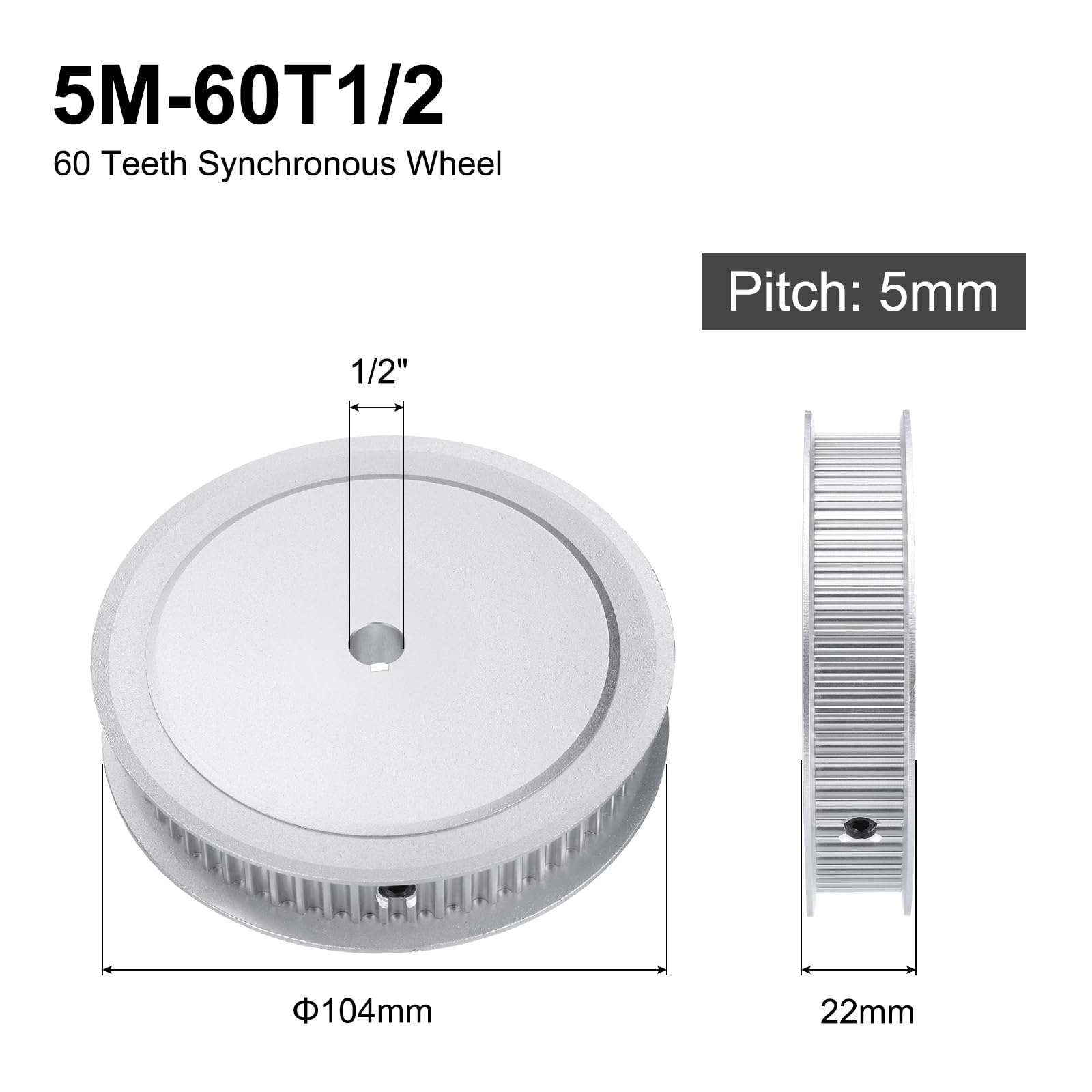 uxcell 5M-60T-1/2B Puleggia per cinghia dentata con foro da 1/2", ruota sincrona in lega di alluminio a 60 denti con chiave, passo 5 mm dente per cinghia di larghezza 15 mm