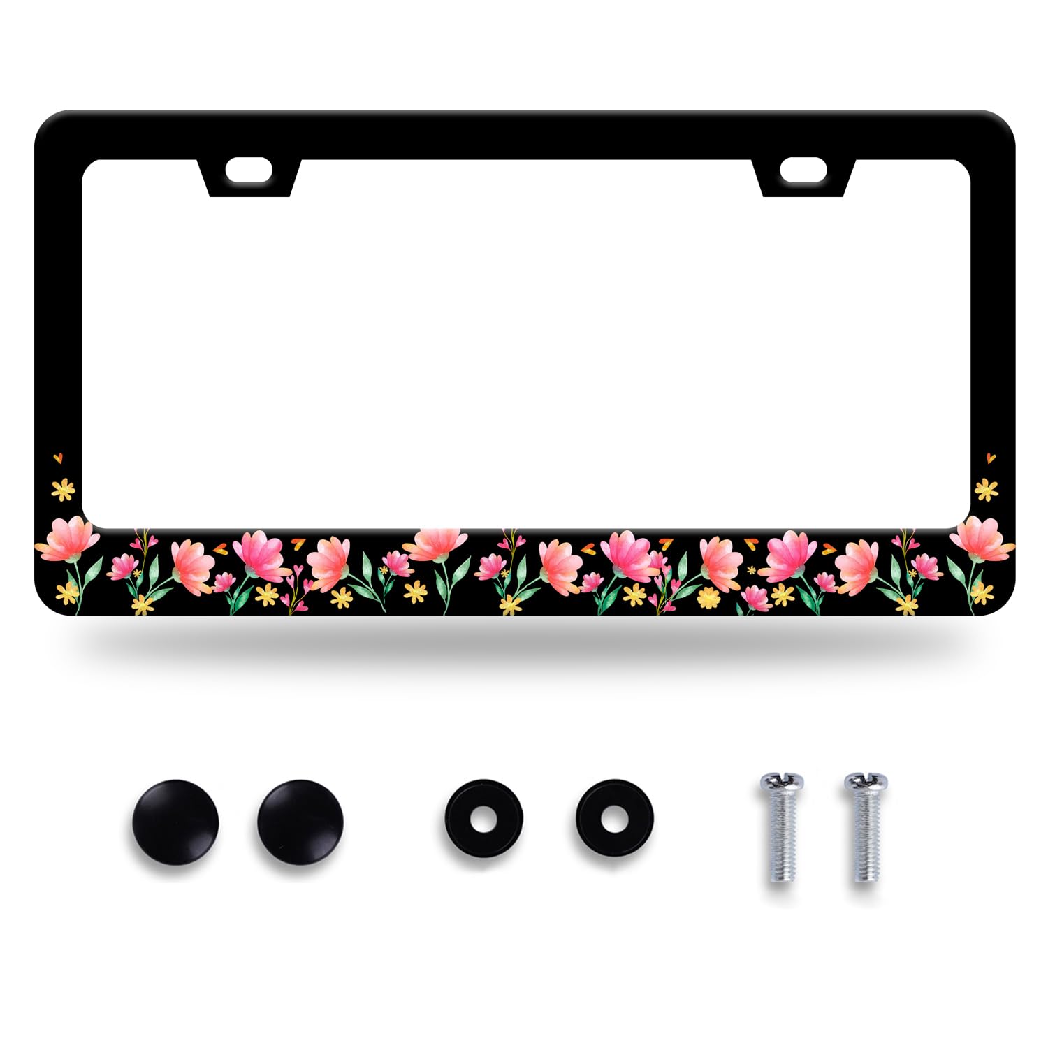Pink Flowers License Plate Frame Floral License Plate Stainless Steel Parts Funny License Plate Decorative with Screws Size 12.3" x 6.3" for Men Women