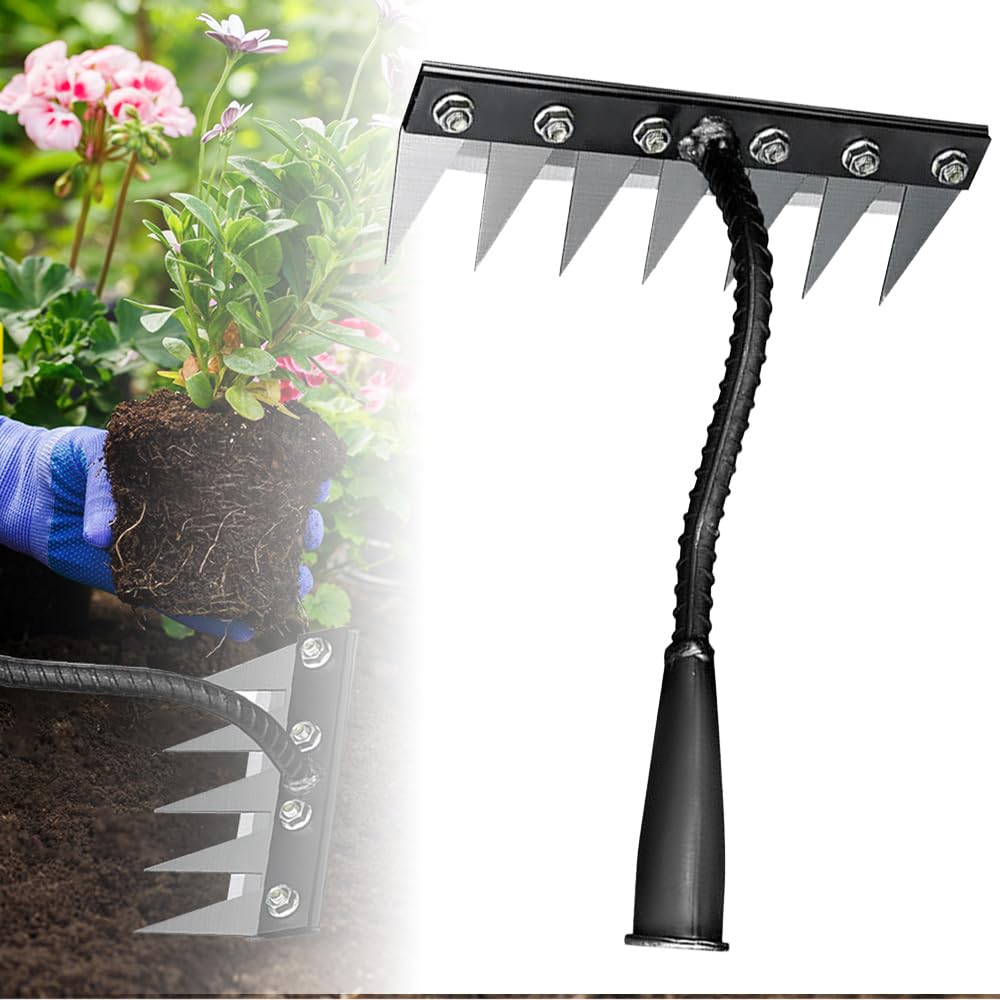 2025 New Iron Weeding Rake 2.0, 5/6/7/8 Teeth Carbon Steel Garden Weeder Rakes, Iron Rake for Gardening and Weedings, Heavy-Duty Garden Hand Weeder Puller Tool for Yard Lawn and Garden (6 Teeth)