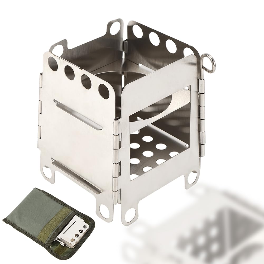 Camping Wood Stove, Camping Stove Portable Stainless Steel Lightweight Folding Wood Stove Bag Alcohol Stove Compact Hobo Stove Grill Outdoor Activities Cooking Hiking Picnic BBQ Outdoor Backpacking