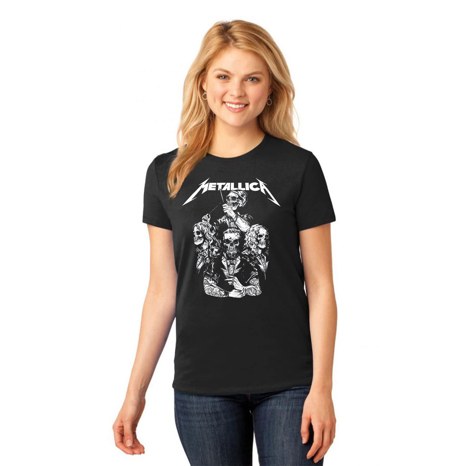 KadakMerchMetallica - Skull Tux | 100% Super Soft Cotton | Round Neck Funny Cute Sarcasm Dark Humor Half Sleeve Women's T-Shirt