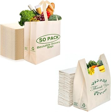 Simply Cool 50 pack Unprinted Cream Reusable Bags and 300 pack Thank You T-Shirt Reusable Bags