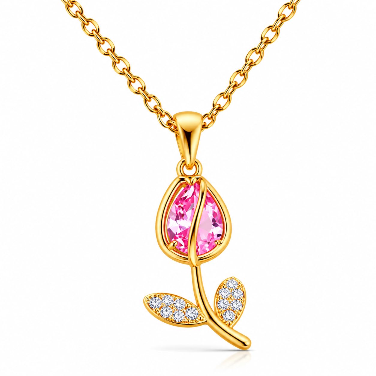 Pink Tulip Flower Pendant Necklace for Women | Gold Plated Crystal Floral Necklace | Elegant Pink Gemstone Pendant Jewelry | Dainty Gift for Birthday, Anniversary, Valentine's Day-image-35