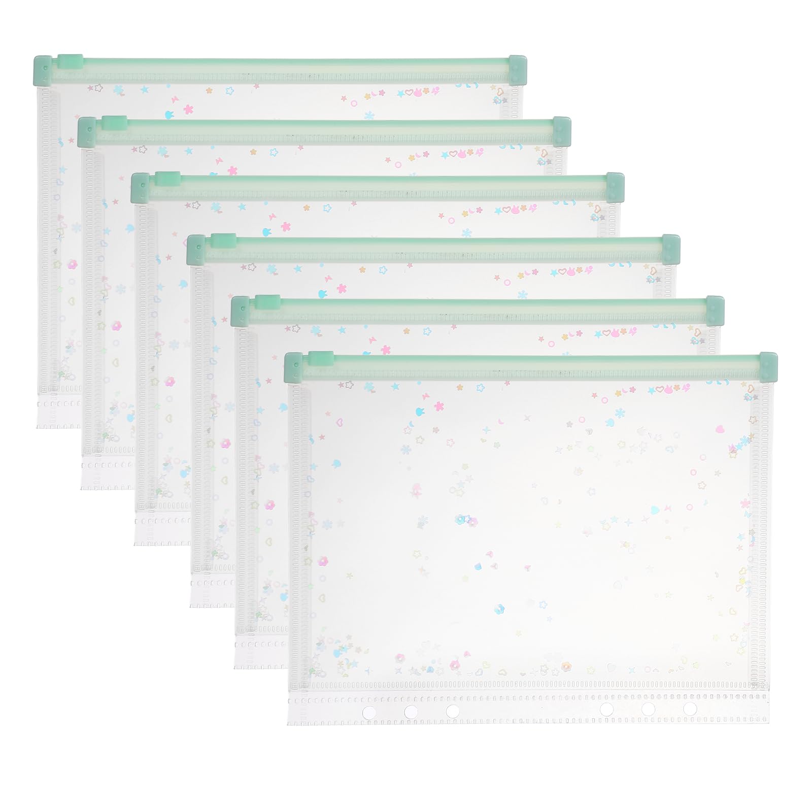 PATIKIL 6Pcs A5 Plastic Binder Zipper, Binder Pockets 9 x 7 Clear Envelope Folders Planner Waterproof Pouch Filing with Sequin Decor for Document Card, Light Green