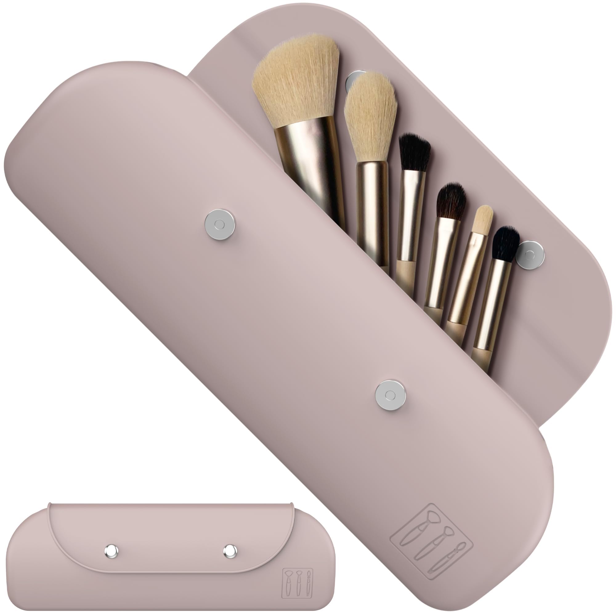 Travel Makeup Brush Holder，Silicone Makeup Brush Holder ，Portable Cosmetic Organiser with Two Upgraded Anti-fall Off Magnetic Clips ， foldable, large capacity -Khaki