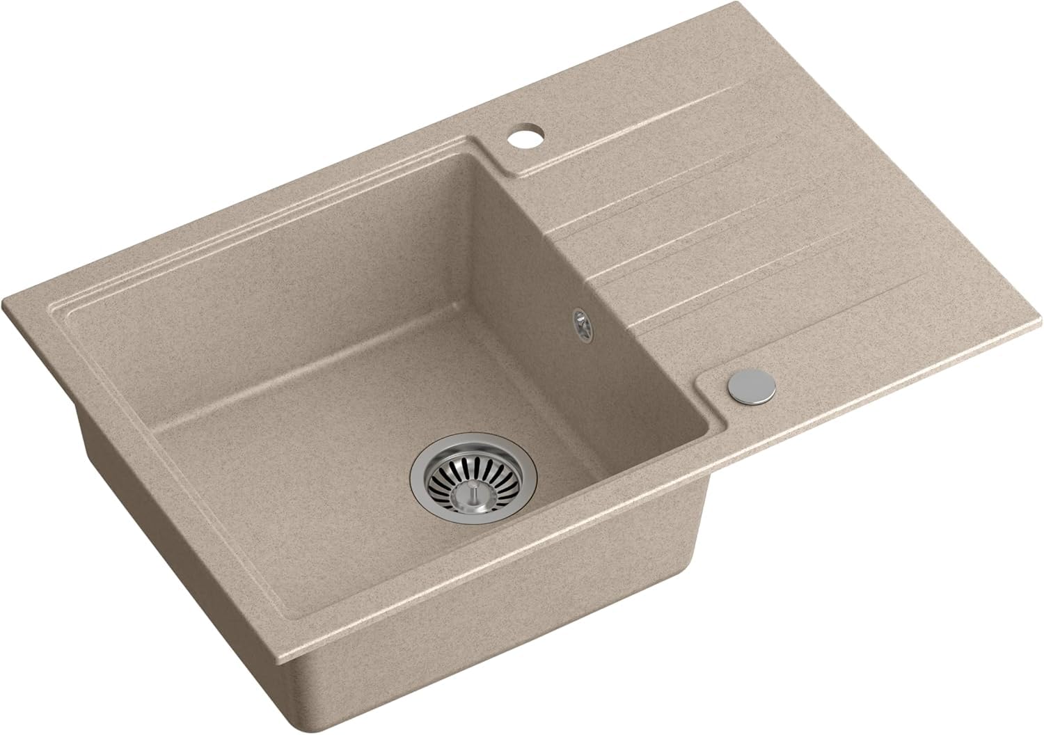 QUADRON fregadero de granito | tamaño 78 x 50 x 20, color: beige y acero | PETER 111 | fregadero moderno | con sifón manual y escurridor