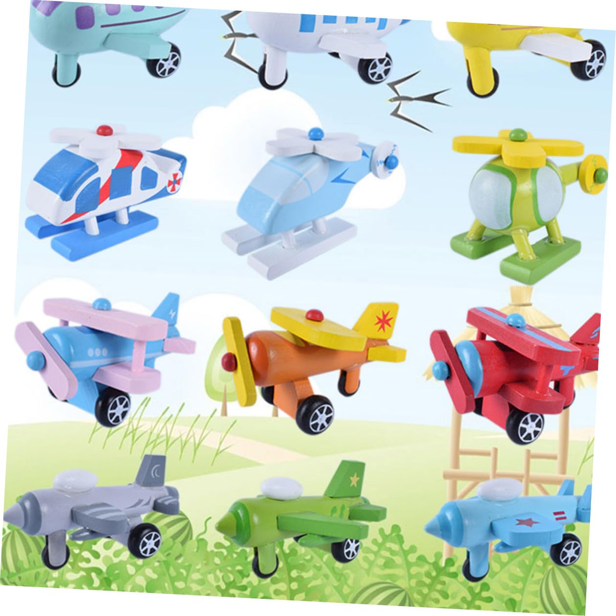 Hohopeti Giocattolo Aereo in Legno per 12 Pezzi Set Mini Aerei Colorati Educativi per Prima Infanzia Superfici Lisce e Angoli Arrotondati per Sviluppo Capacità di Presa e Riconoscimento