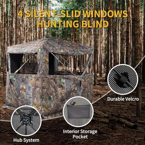 FUNHORUN Hunting Blind with Floor Mat, 360 Degree See Through Ground Blind for Deer/Turkey Hunting, 2/3 Person Pop Up Camouflage Tent, Full Open Door - Thumbnail 7