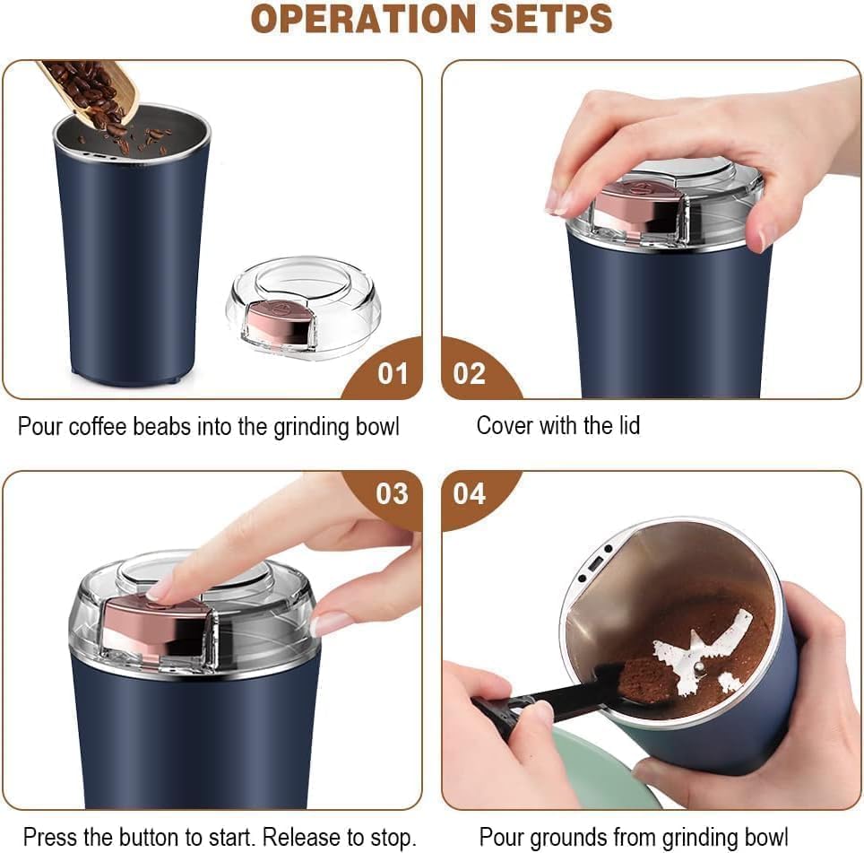 Image of KASHTHABHANJAN PHARMA Electric Coffee Grinder Spice & Coffee Bean Grinder Stainless Steel 4 Blade Mixer Grinder for Masala & Herb Push Button Control Durable Grinding Machine for Dry Item (Blue)
