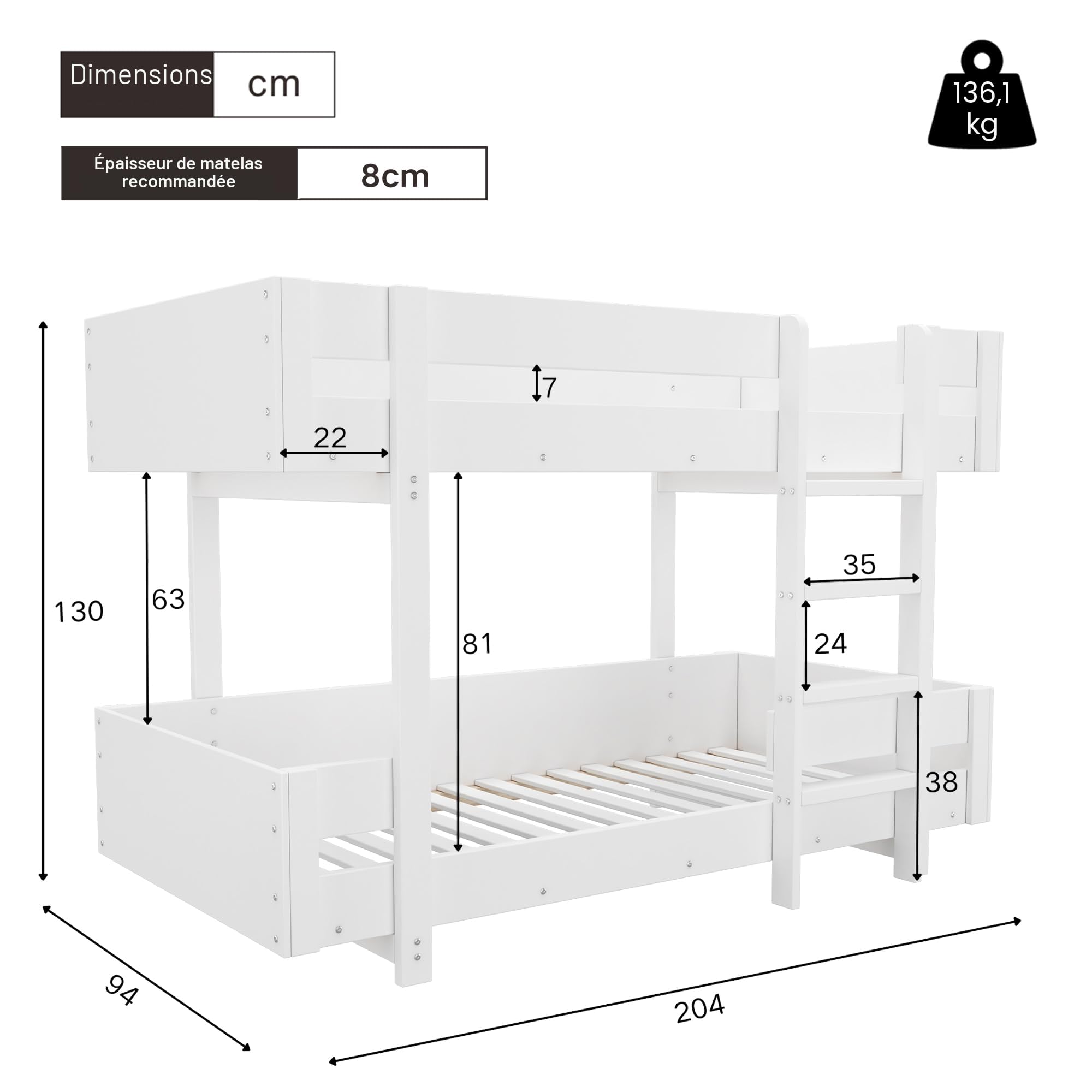 Merax Lit superposé pour Enfant, 90 x 200 cm, en Bois Massif et MDF, avec échelle de sécurité, pour garçons et Filles, Blanc (sans Matelas)