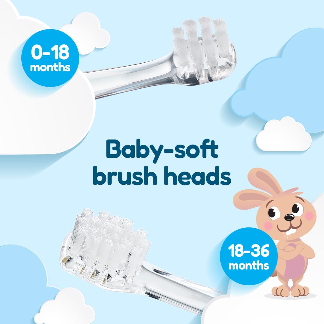 Brush-Baby - BabySonic - Spazzolino elettrico blu, 0-36 mesi, morbido e delicato, per gengive sensibili e denti nuovi, con luce LED e base di aspirazione, testine per neonati e bambini