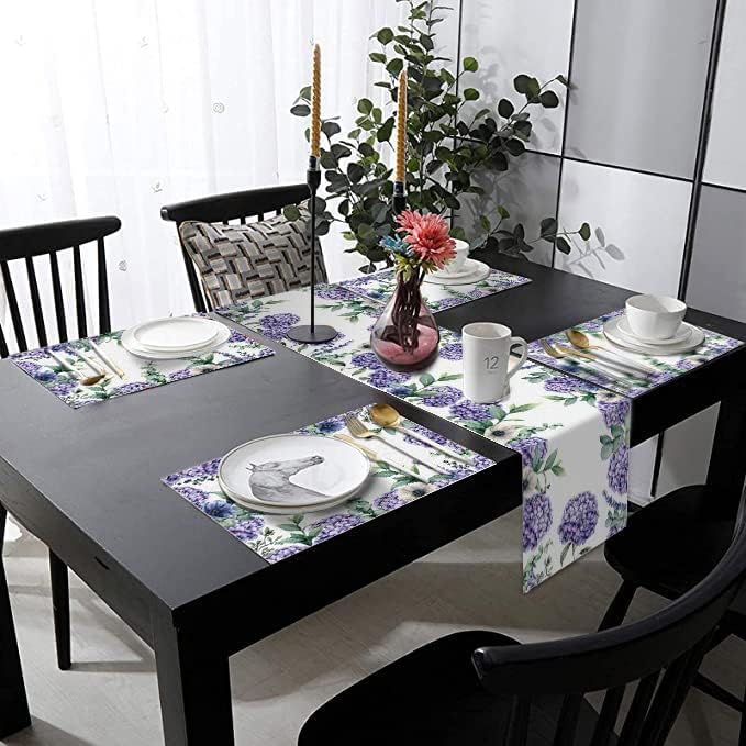 Miniatura 5 de Juego de 6 manteles individuales y manteles individuales desechables de hortensias primaverales, patrón floral, vintage, algodón y lino, juego de