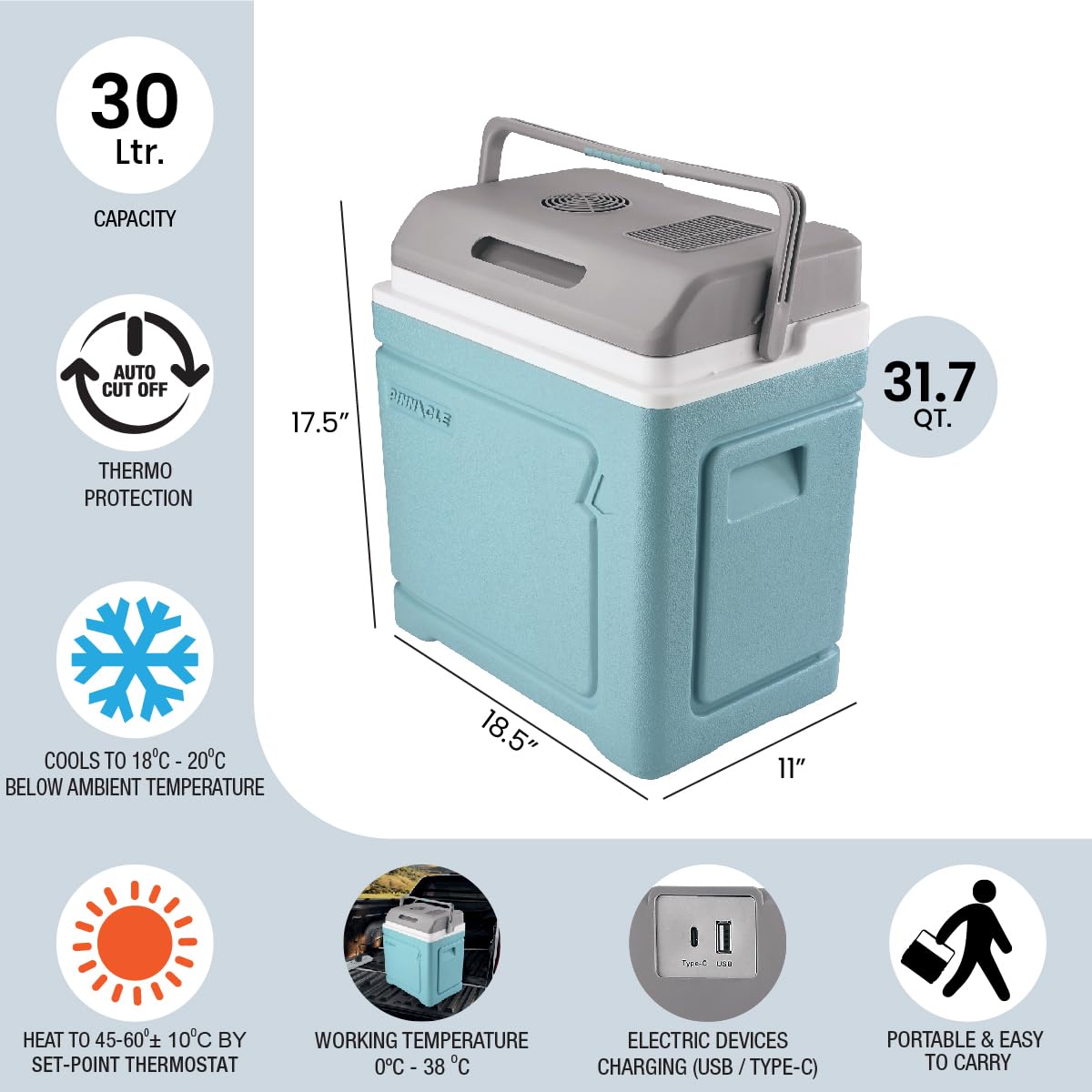 Pinnacle Thermoware Raffreddatore elettrico – Grande 30 L portatile per bevande calde e fredde e cibo – 12 V raffreddamento da viaggio per auto, camper, camper, furgone – frigorifero plug-in per