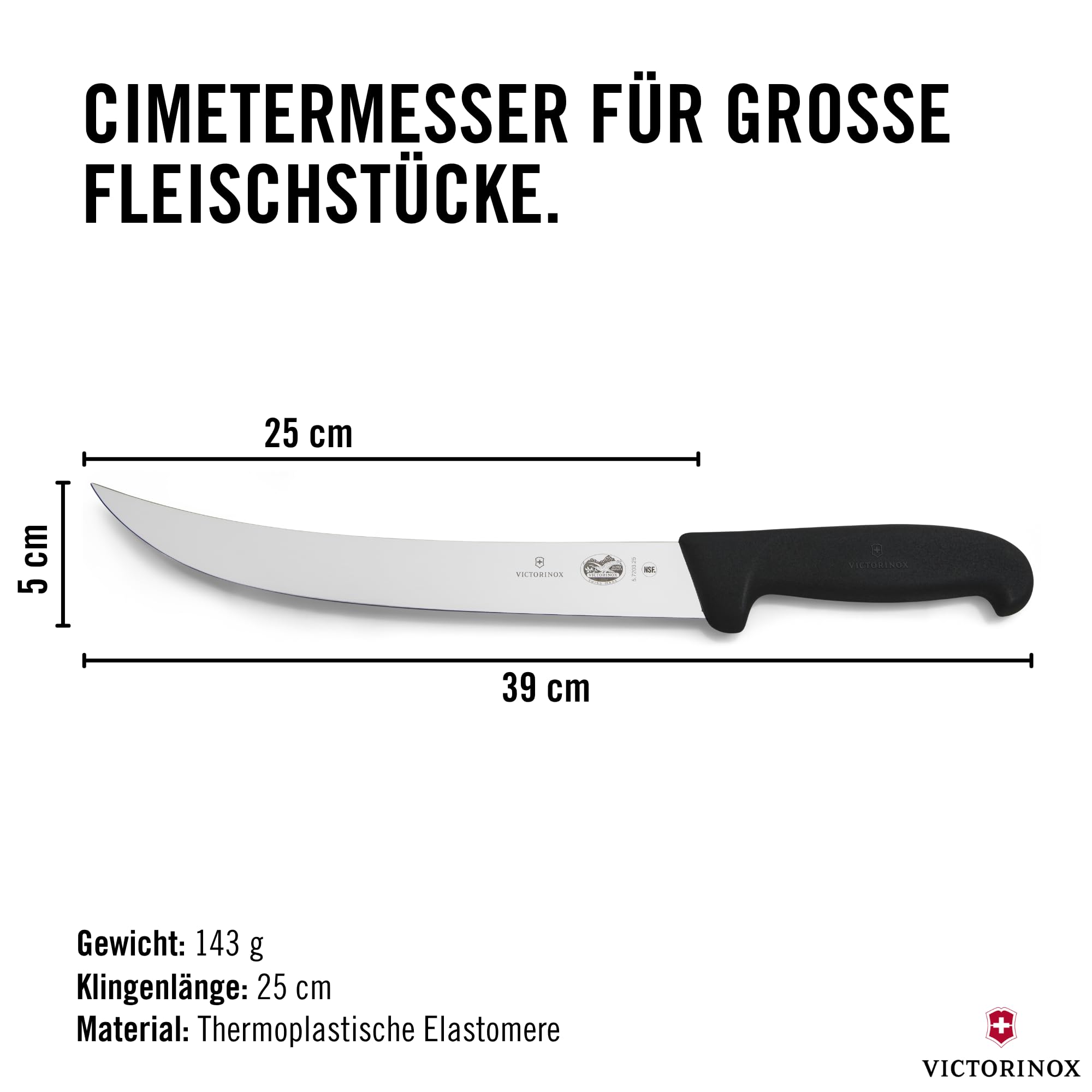 Victorinox Fibrox Schlachtmesser, Langes Zerlegemesser zum Zerteilen großer Fleischstücke, 25 cm, Gebogene Klinge, Scharf, Rostfreier Stahl, Schwarz