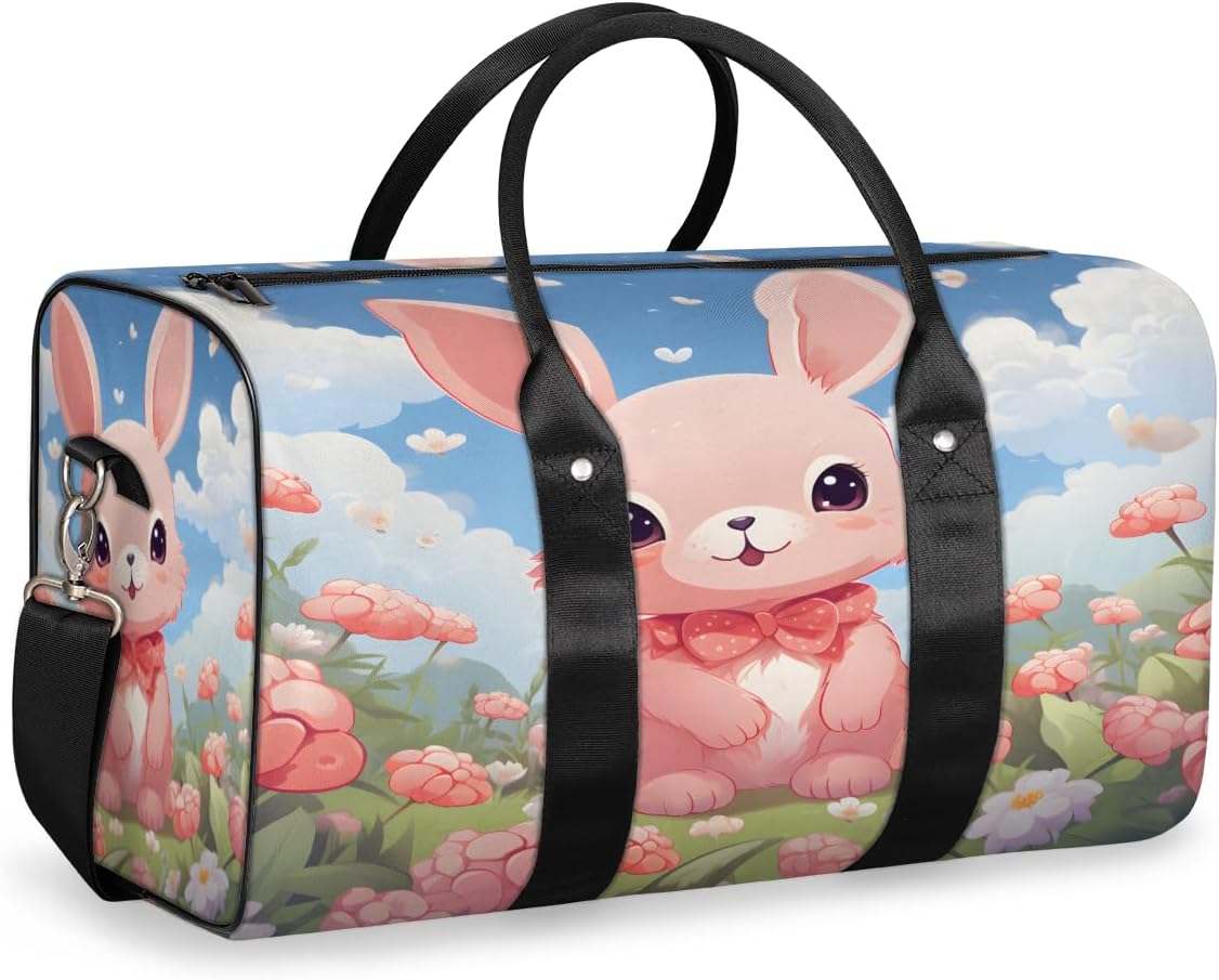 Cute Rabbit Flowers Travel Duffel Bag for Women Men Large Capacity Overnight Weekender Bags for Lightweight Waterproof Sport Gym Bag for Workout Yoga Swim