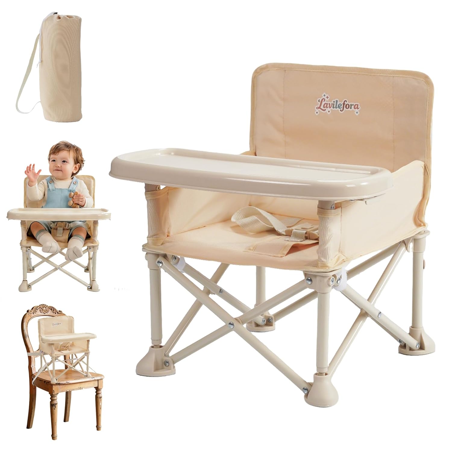 Portable Baby Chair,Portable 3-in-1 Baby Booster Seat with Tray,Folding Toddler High Chair for Travel,Camping, Home & Dining, Easy to Clean & Store, Safe with Child Safety Belt Carry Bag(White)