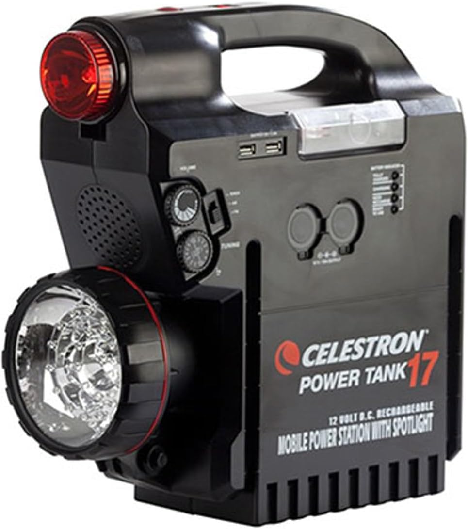 Celestron – PowerTank 17 Telescope Battery – Rechargeable Portable 12V Power Supply for Computerized Telescopes – 204 Wh Power – Built–in AM/FM Radio, Siren, 2 USB Ports, Cigarette Lighter Adapter