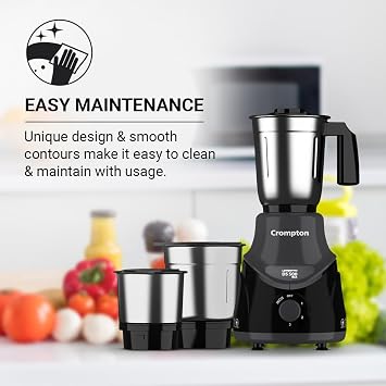 Crompton DS 500 BLK 500-Watt Mixer Grinder with Powertron Motor & Motor Vent-X Technology (3 Stainless Steel Jars, Black & Grey)