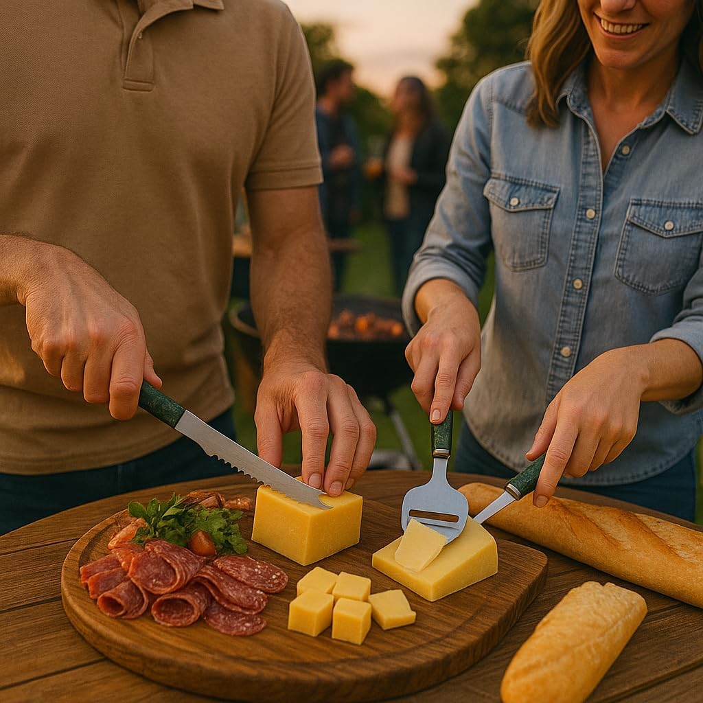 Creative Home Luxury Taiwanese Jade Marble Handle Cheese Knife Set – 2-Piece Stainless Steel Cheese Cutter & Slicer – Handcrafted Elegant Design for Wine & Cheese Lovers