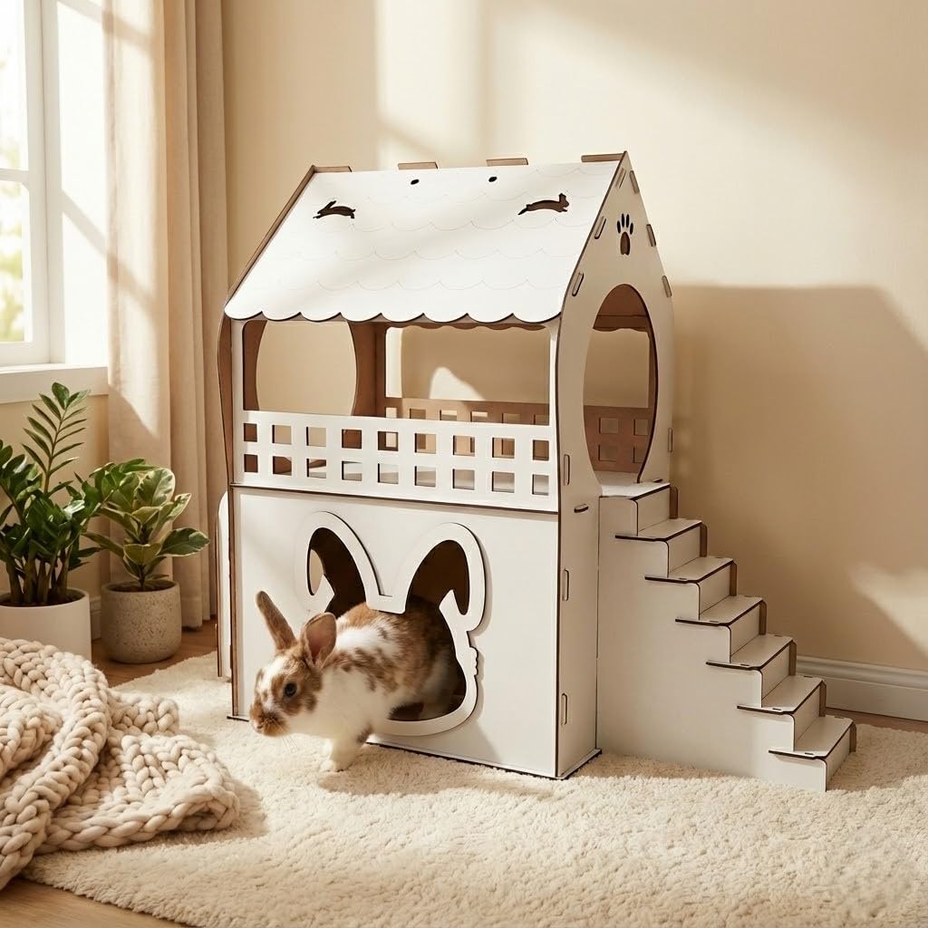 Casetta per Conigli per Interni, Bianca, 2 Livelli XL, Moderna Casetta per Piccoli Animali da Interno, con Pendenza e Balcone, Scatola per Mangiatoia, Accessori Conigli Nani