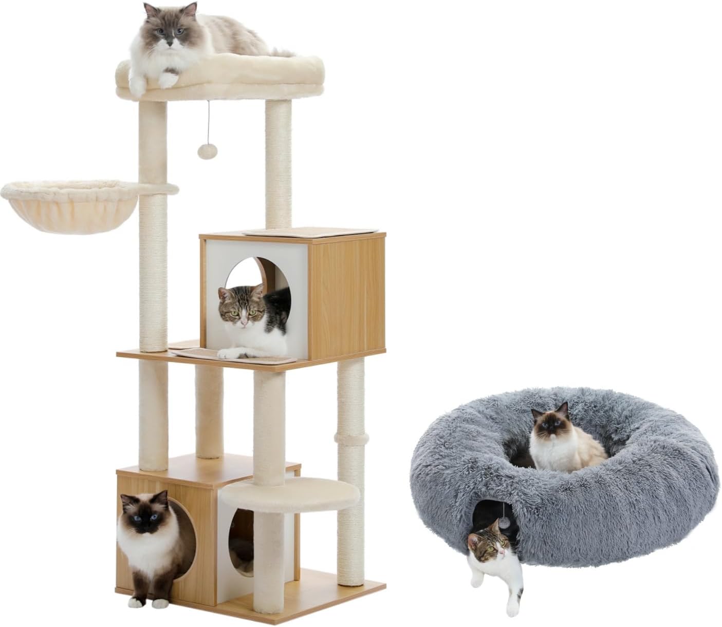 PAWZ Road 51-Inch Wooden Cat Tower and Cat Tunnel Bed