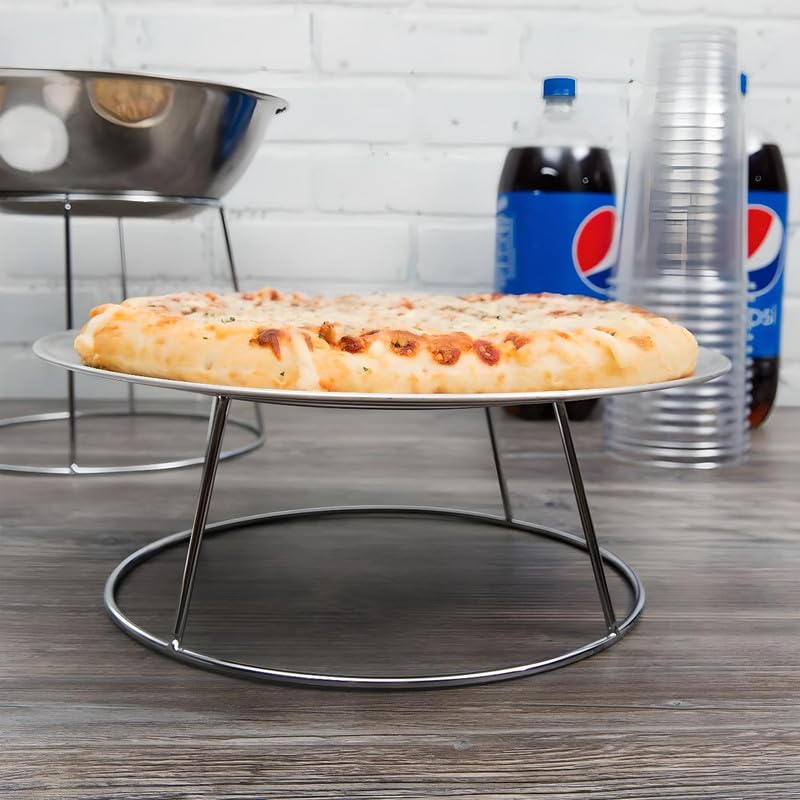 OCS Parts 4-Pack Round Chrome Plated Steel Food Display Stands | Metal Display Stands for Pizza, Desserts, and Appetizers