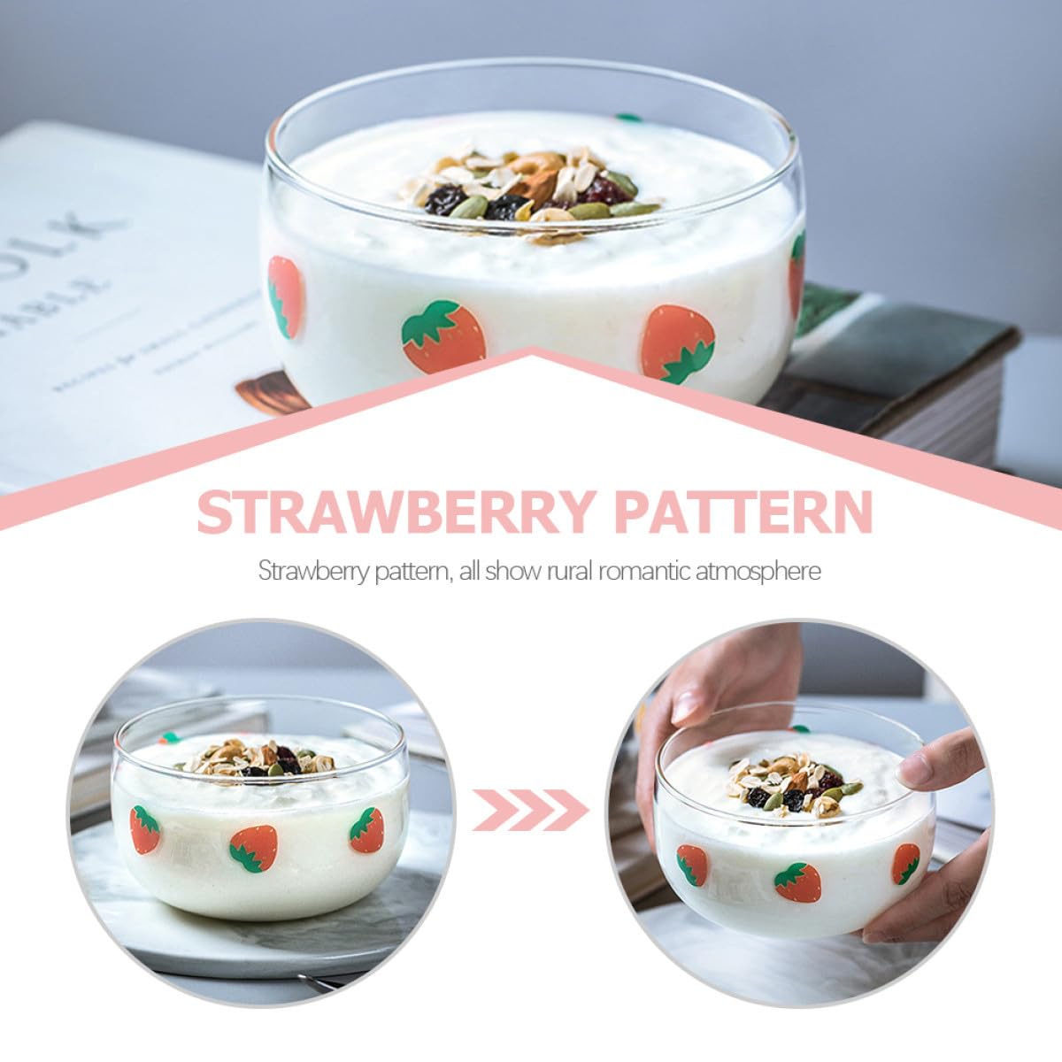 DOITOOL 4 Piezas Cuencos de Vidrio con Diseño de Fresas Bol para Ensalada y Postres Recipiente Transparente para Frutas para Cocina y Hogar Resistente y Decorativo