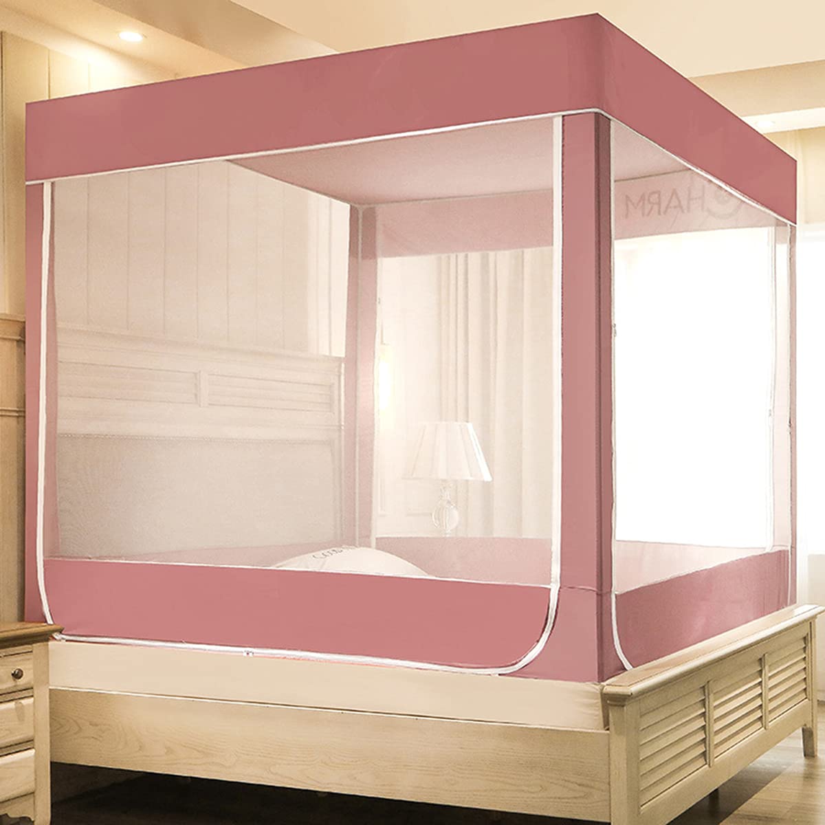 Moustiquaire de lit double 1,5x2m rose avec fond anti-chute et 3 portes