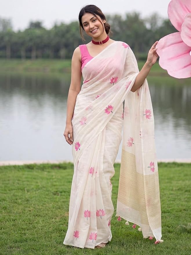 Image of Women's Linen Cotton Blend Saree Multicolor Ikat Brush Print Scalloped Border with Floral Print Unstitched Blouse Piece