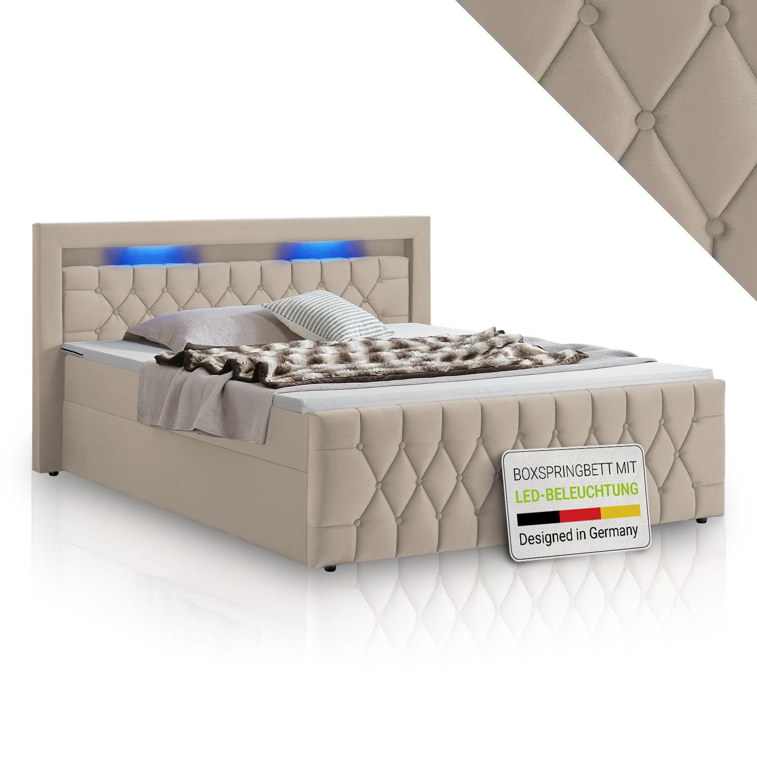 Juskys Boxspringbett Leona 180x200 cm – Beige Samt mit LED-Beleuchtung, Topper und H4 Federkernmatratzen