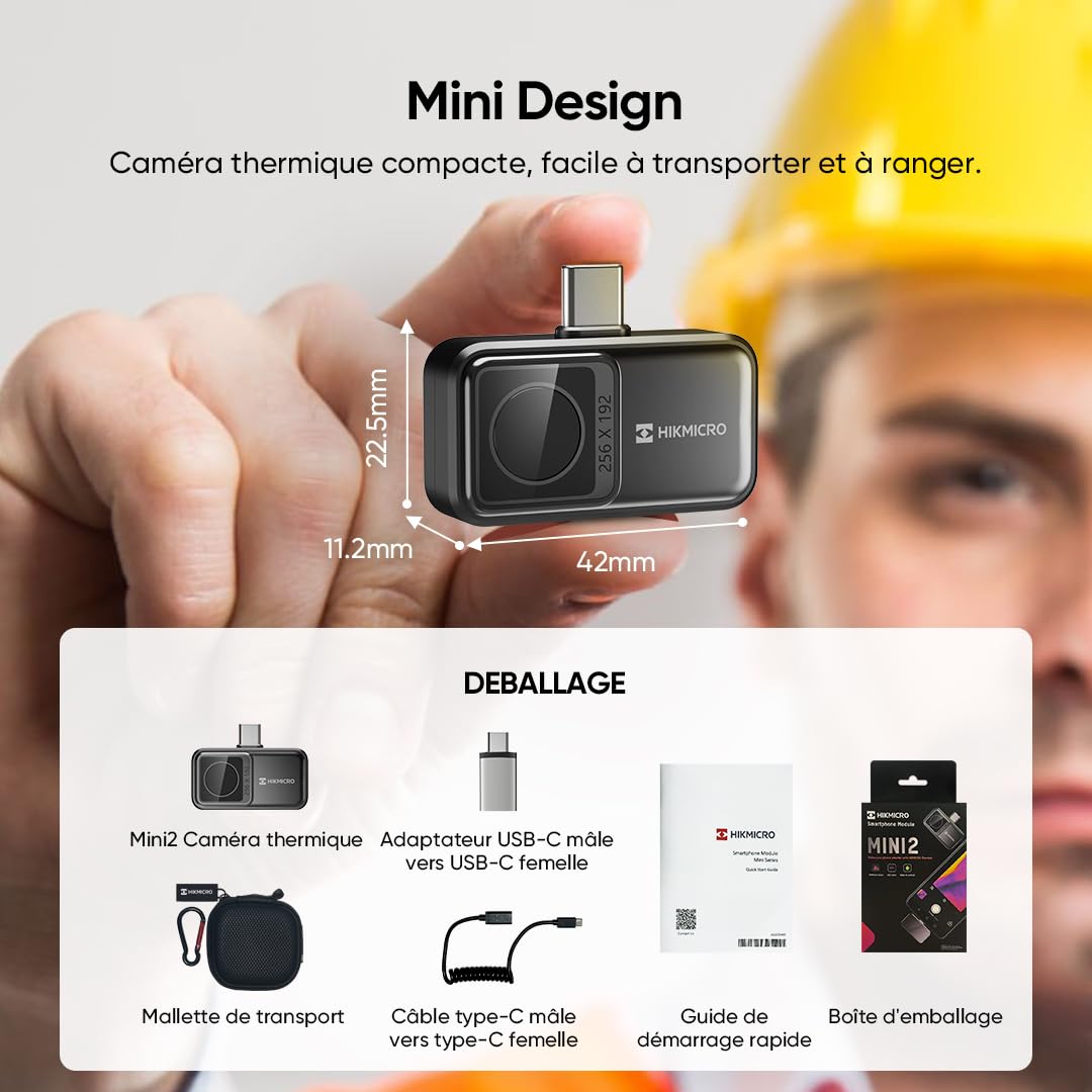HIKMICRO Mini2 Caméra thermique Android, résolution IR 256 x 192, caméra thermique, fréquence de rafraîchissement 25Hz, angle de vue 50°, 49 152 pixels, -20°C à 350°C, USB-C(pas pour iphone).