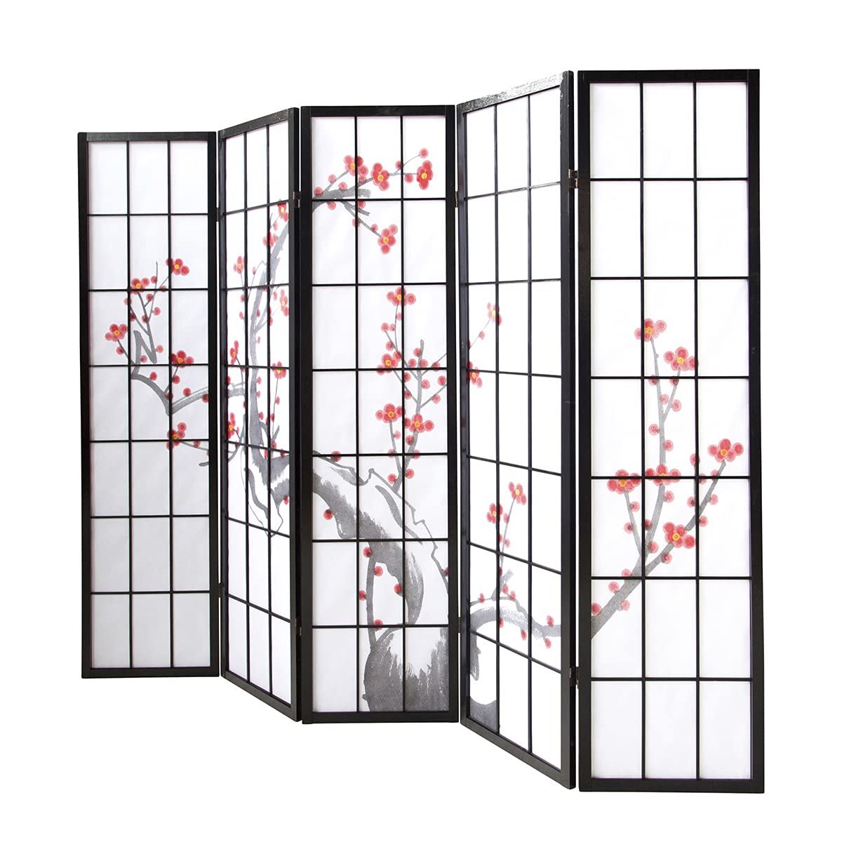 PEGANE Paravent Japonais Fleur de Cerisier en Bois Noir de 5 pans, L220 x H175 x P2 cm