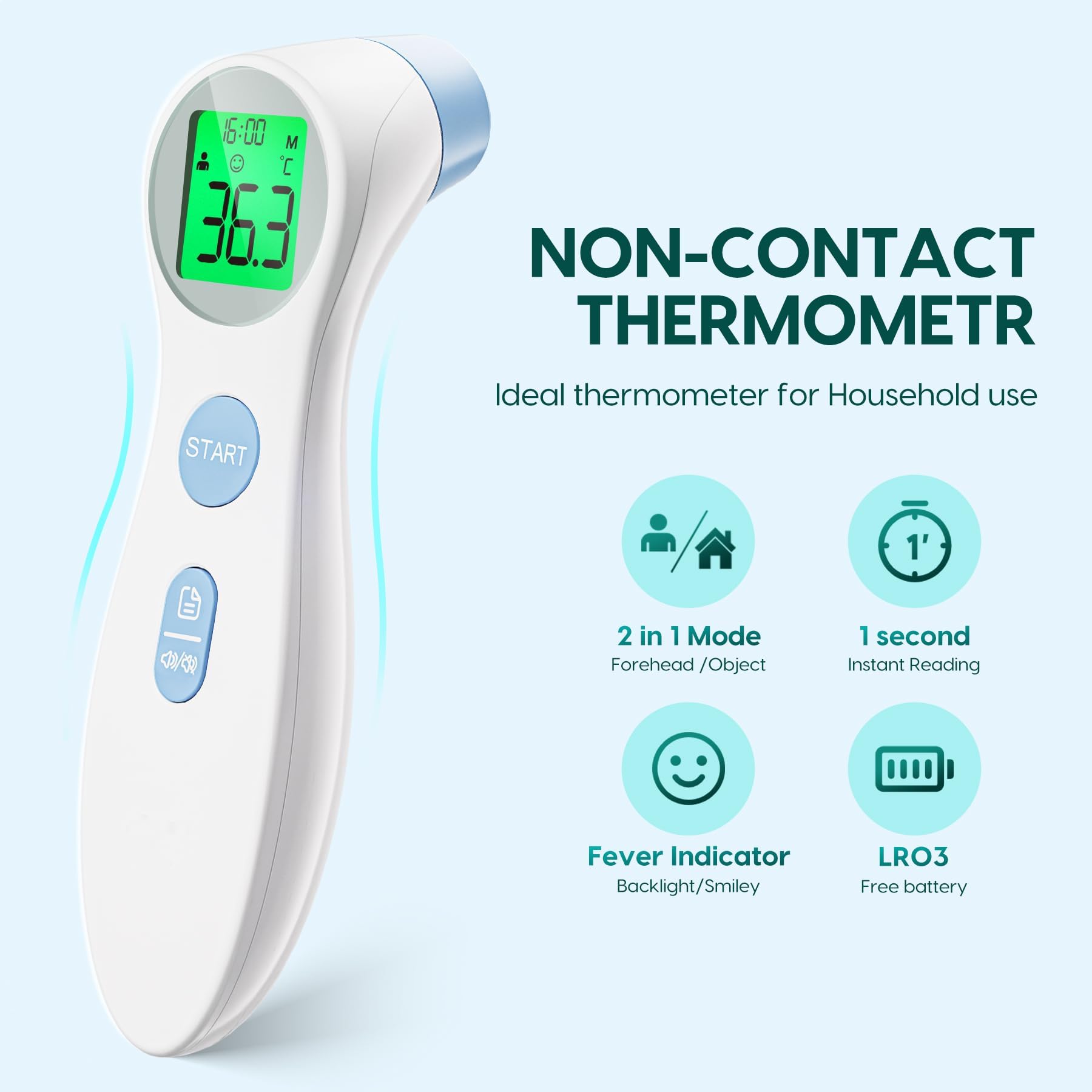 Fieberthermometer für Babys, Kinder und Erwachsene, kontaktloses Stirnthermometer Infrarot Thermometer mit sofortiger genauer Ablesung, Fieberalarm, Blau