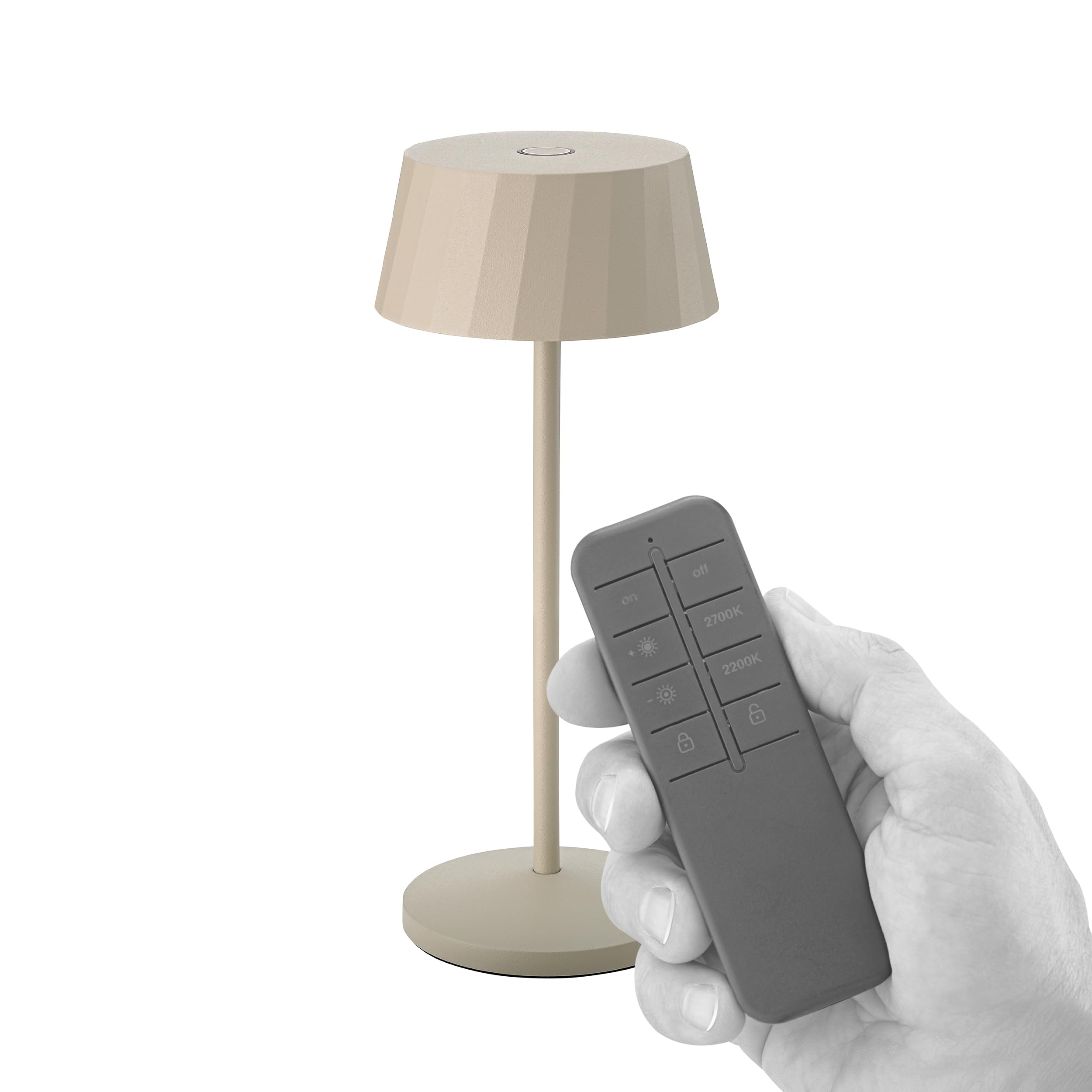 SIGOR Facetta Remote dünenbeige - LED Akku-Tischlampe dimmbar & kabellos mit Fernbedienungsfunktion, FlexMood (2200K/2700K), bis 12h Leuchtdauer, USB-C Ladefunktion, IP44 Outdoor & Indoor