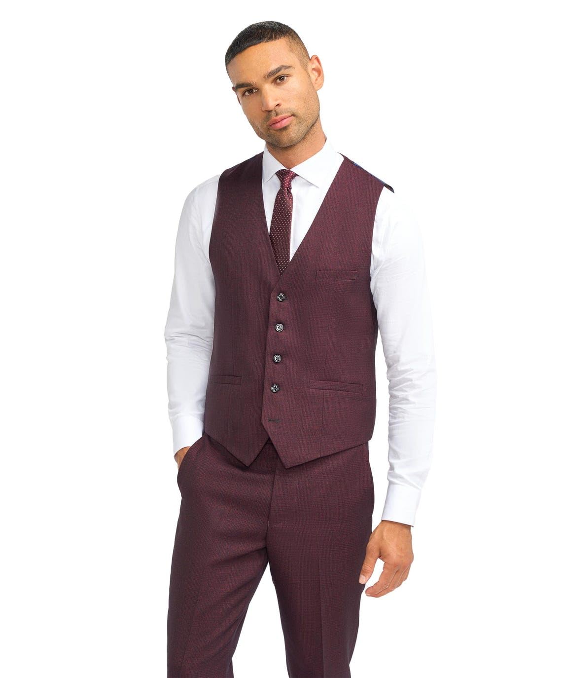 SIRRI Abito da Uomo Slim Fit in Tweed a Quadri, Giacca, Gilet, Pantaloni, Set Formale da Matrimonio Vino Bordeaux Venduto separatamente